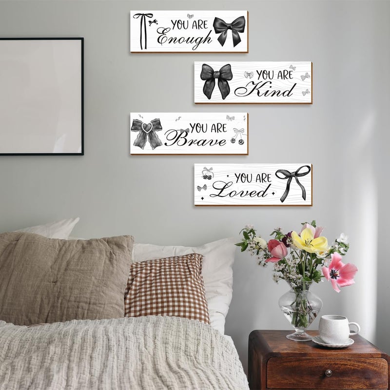 Riletese 4 Pcs Black White Bow Wall Art Decor, Vintage Dark Coquete Room Decor for Teen Girls Neutral Preppy, Inspirational Positive Affirmations Wall Wooden Hanging Sign Bathroom - Image 3