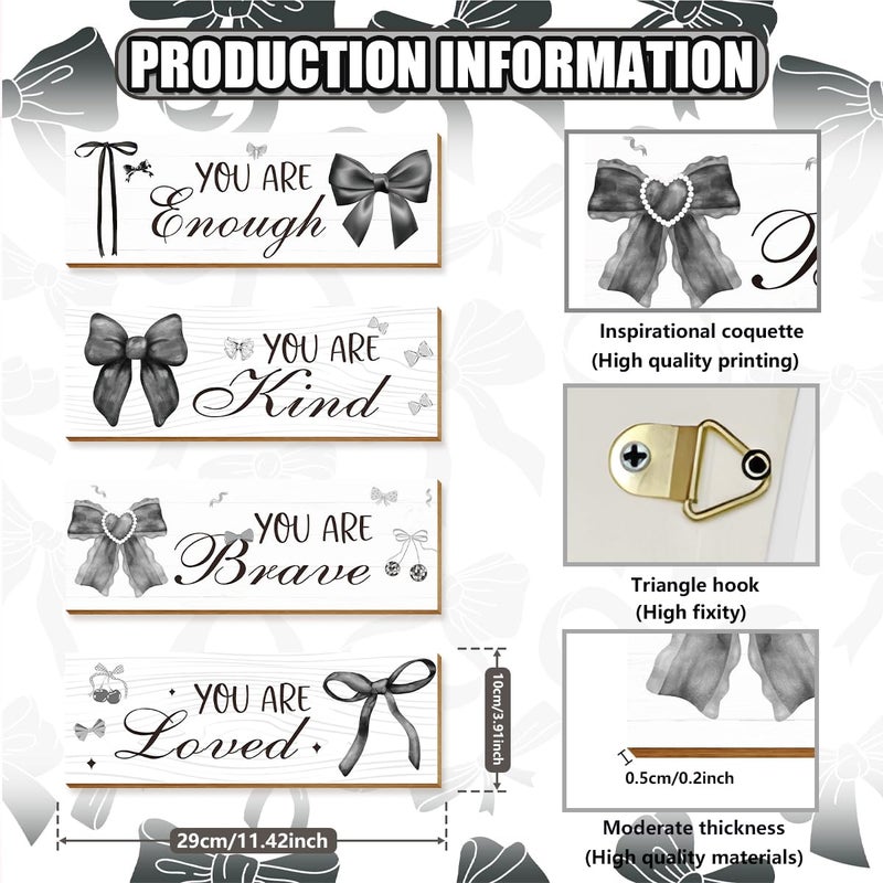 Riletese 4 Pcs Black White Bow Wall Art Decor, Vintage Dark Coquete Room Decor for Teen Girls Neutral Preppy, Inspirational Positive Affirmations Wall Wooden Hanging Sign Bathroom - Image 2