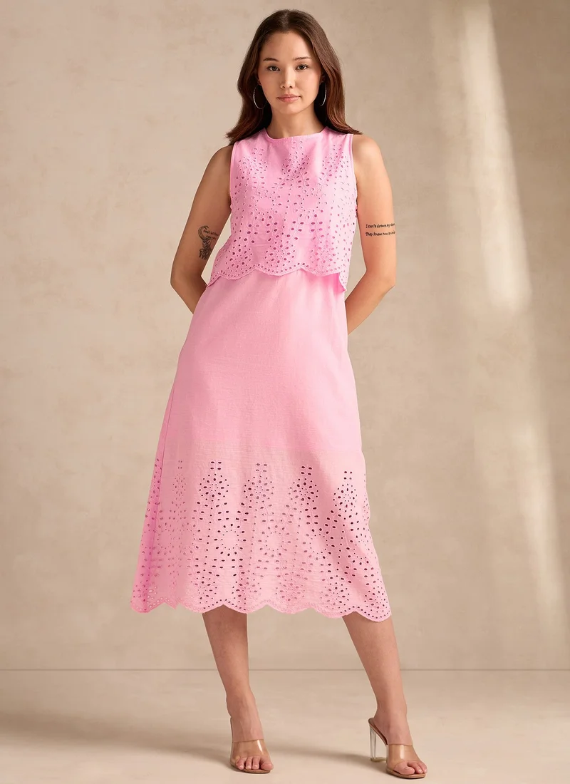 OUTZIDR Light Pink Sleeveless Schiffli Maxi Dress