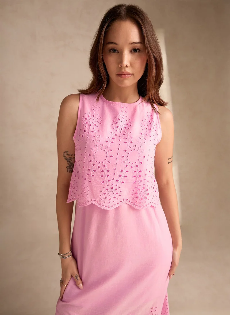Outzidr  Light Pink Sleeveless Schiffli Maxi Dress for Women | Best Price UAE