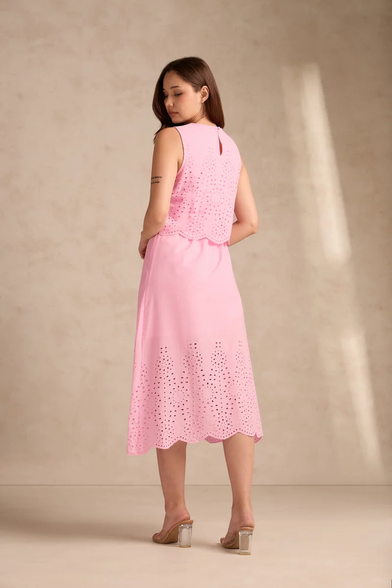 Outzidr  Light Pink Sleeveless Schiffli Maxi Dress for Women | Best Price UAE
