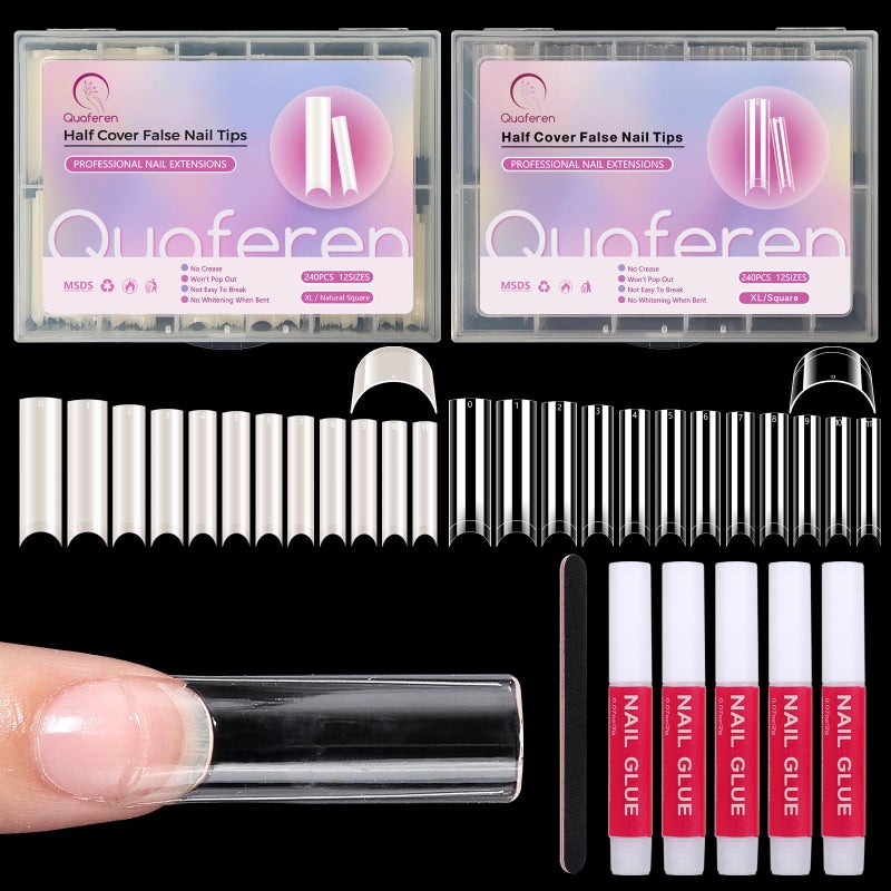 Deciniee 480PCS Extra Long C Curve Nail Tips and Glue 2 Packs Natural and Clear Acrylic for Nails Professional Set 12 Sizes Artificial Straight Square French False Nail Tips