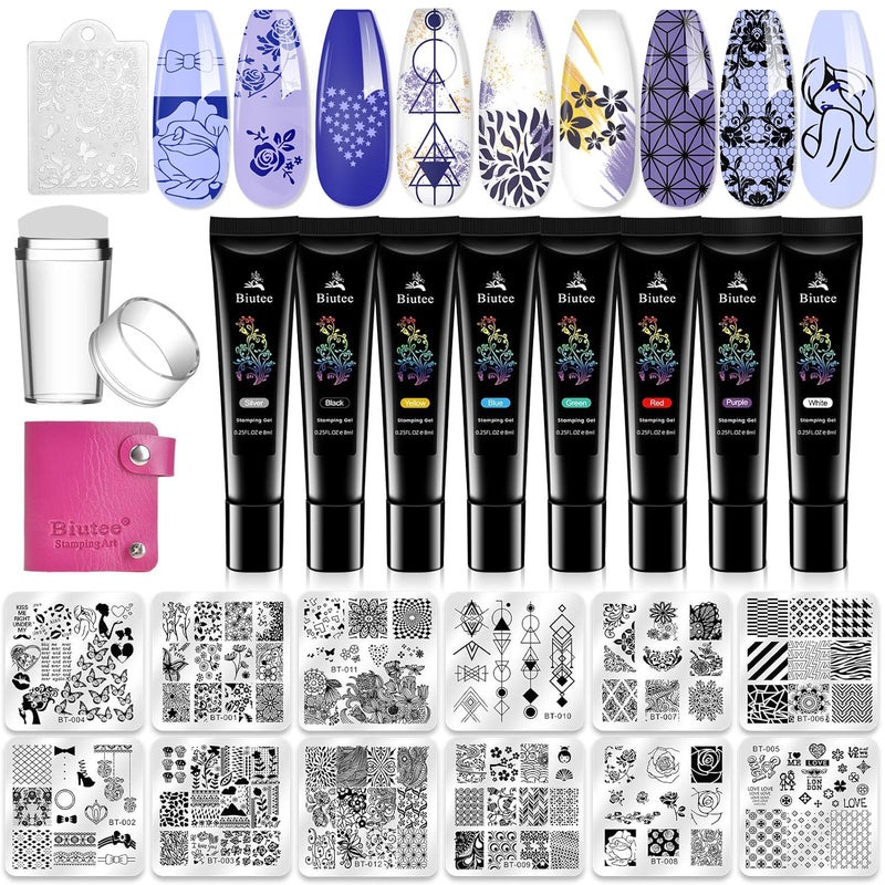 Biutee Nail Stamper Kit Nail Art Stamping Plate Set Stamping Nail Polish Gel Stamp Plate Jelly Silicone Stamper Scraper Flower Lace Line Kiss Stencil Template Tool Supplies for Holiday Storage Bag