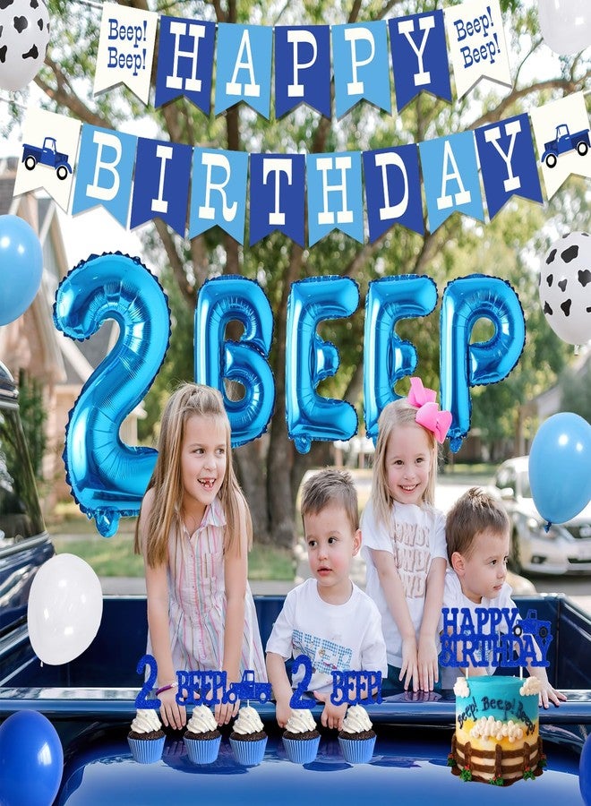 Merrystorm ٥٥ قطعة من زينة حفلة عيد الميلاد الثاني لشاحنة زرقاء صغيرة، لافتة "عيد ميلاد سعيد" مع صوت تنبيه، زينة كعكة على شكل شاحنة زرقاء، زينة كب كيك مع صوت تنبيه، بالونات لاتكس، لوازم تزيين حفلات عيد الميلاد الثاني للأولاد والبنات - Image 3