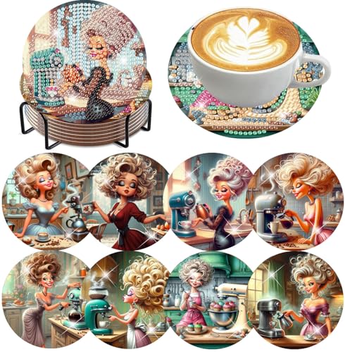 mrpwnle 8 Pack Diamond Art Coasters Kits, Coffee Diamond Painting Coasters Kit Set with Holder Cork Pads, DIY Coffee Diamonds Art Non Slip Coaster Crafts Kits for Adults Beginners Gifts - Image 1