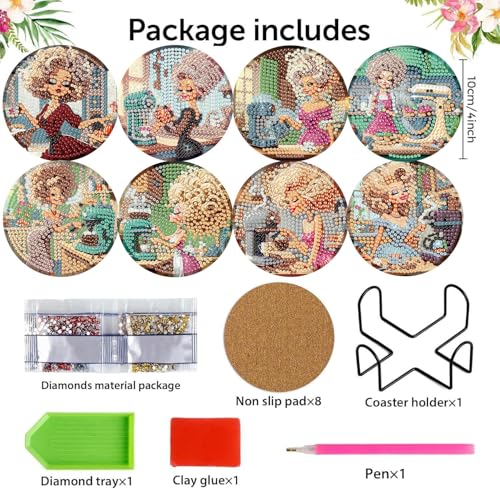 mrpwnle 8 Pack Diamond Art Coasters Kits, Coffee Diamond Painting Coasters Kit Set with Holder Cork Pads, DIY Coffee Diamonds Art Non Slip Coaster Crafts Kits for Adults Beginners Gifts - Image 2