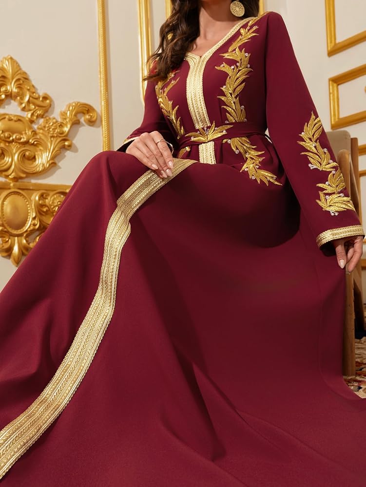 Abaowedding فستان طويل أنيق بأكمام طويلة، لون أزرق فاتح مع زخارف ذهبية، يتميز بياقة على شكل حرف V وهو من نوع الكفتان التقليدي المسلمي. - Image 5