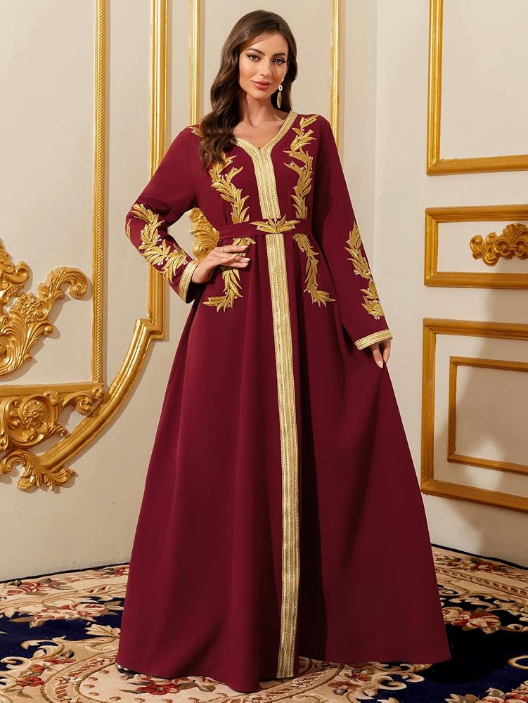 Abaowedding فستان طويل أنيق بأكمام طويلة، لون أزرق فاتح مع زخارف ذهبية، يتميز بياقة على شكل حرف V وهو من نوع الكفتان التقليدي المسلمي. - Image 1