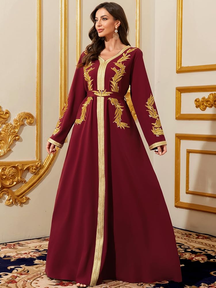 Abaowedding فستان طويل أنيق بأكمام طويلة، لون أزرق فاتح مع زخارف ذهبية، يتميز بياقة على شكل حرف V وهو من نوع الكفتان التقليدي المسلمي. - Image 2