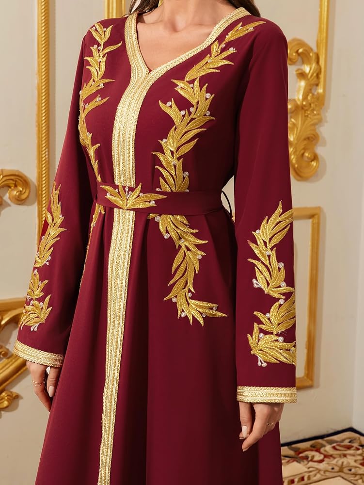 Abaowedding فستان طويل أنيق بأكمام طويلة، لون أزرق فاتح مع زخارف ذهبية، يتميز بياقة على شكل حرف V وهو من نوع الكفتان التقليدي المسلمي. - Image 4