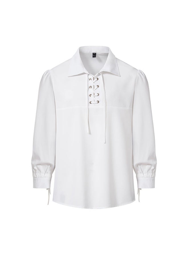 KUYING Men's Lace Up Lapel Long Sleeved Casual Shirt