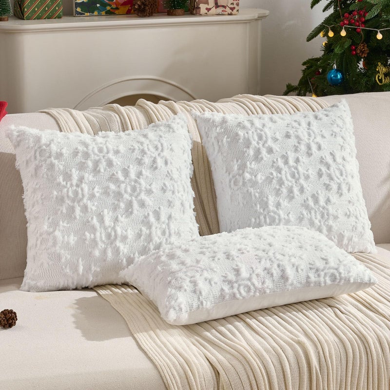 FUTEI Christmas Snowflakes Pillow Covers 20x20 Set of 2, White Xmas Decorations Soft Fluffy Winter Lumbar Pillow Covers for Couch Sofa Bedroom Holiday Festivals Home Decor - Image 4