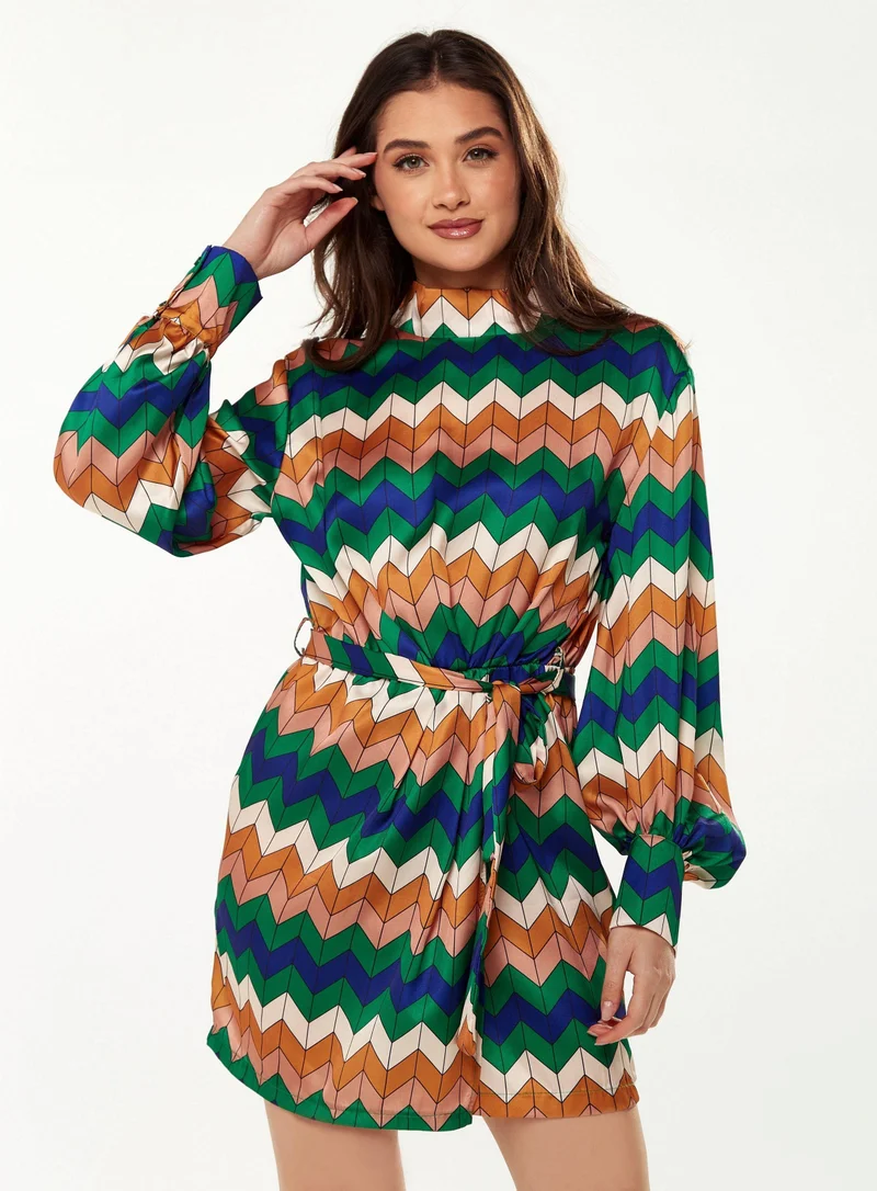 Liquorish Zig Zag Print Mini Dress in Cool Tones