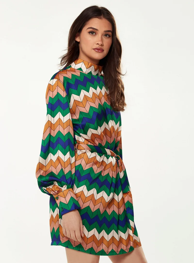 Liquorish Zig Zag Print Mini Dress in Cool Tones