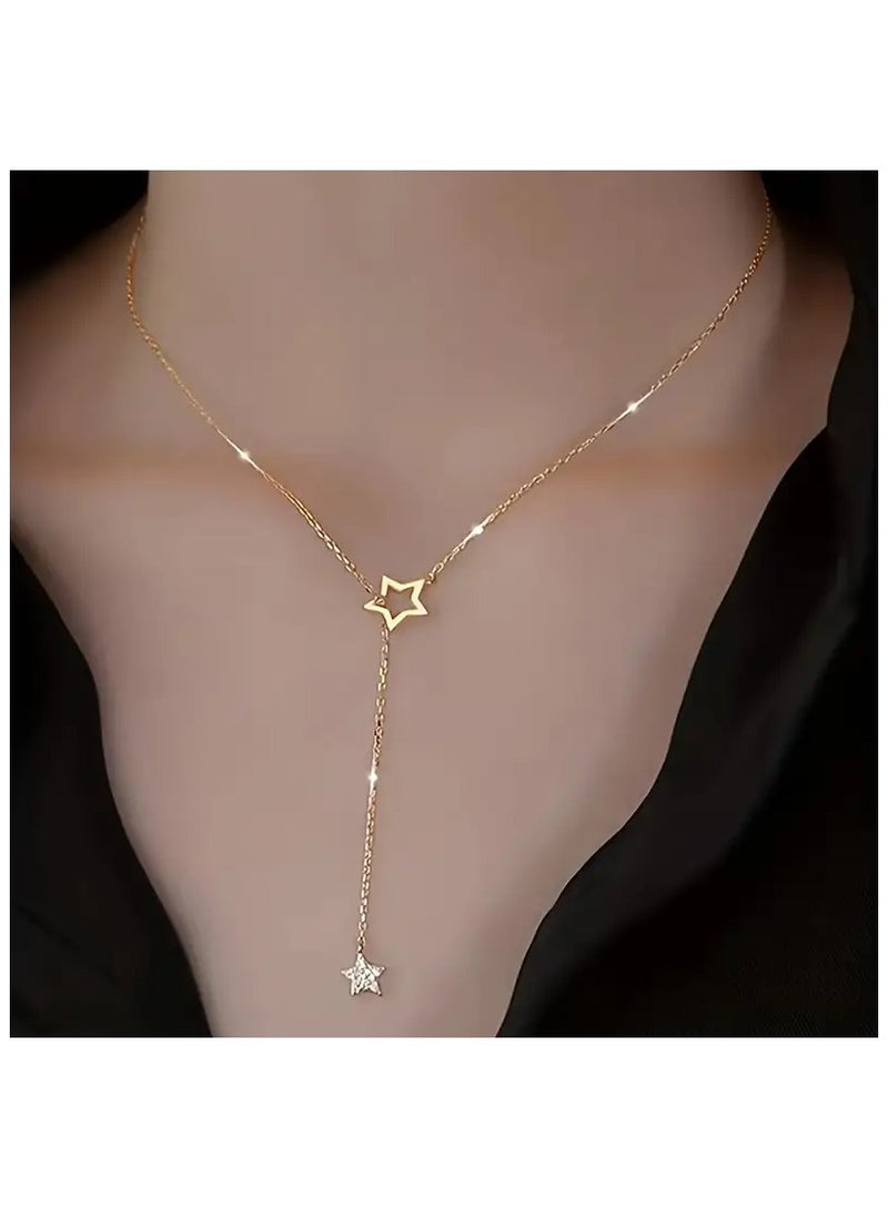 Exquisite Shiny Star Y-Shaped Clavicle Chain Necklace for Women 14K Gold-Plating CZs Star Long Pendant Necklace Jewelry  - Image 1