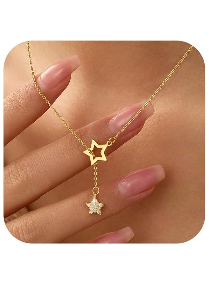 Exquisite Shiny Star Y-Shaped Clavicle Chain Necklace for Women 14K Gold-Plating CZs Star Long Pendant Necklace Jewelry  - Image 2