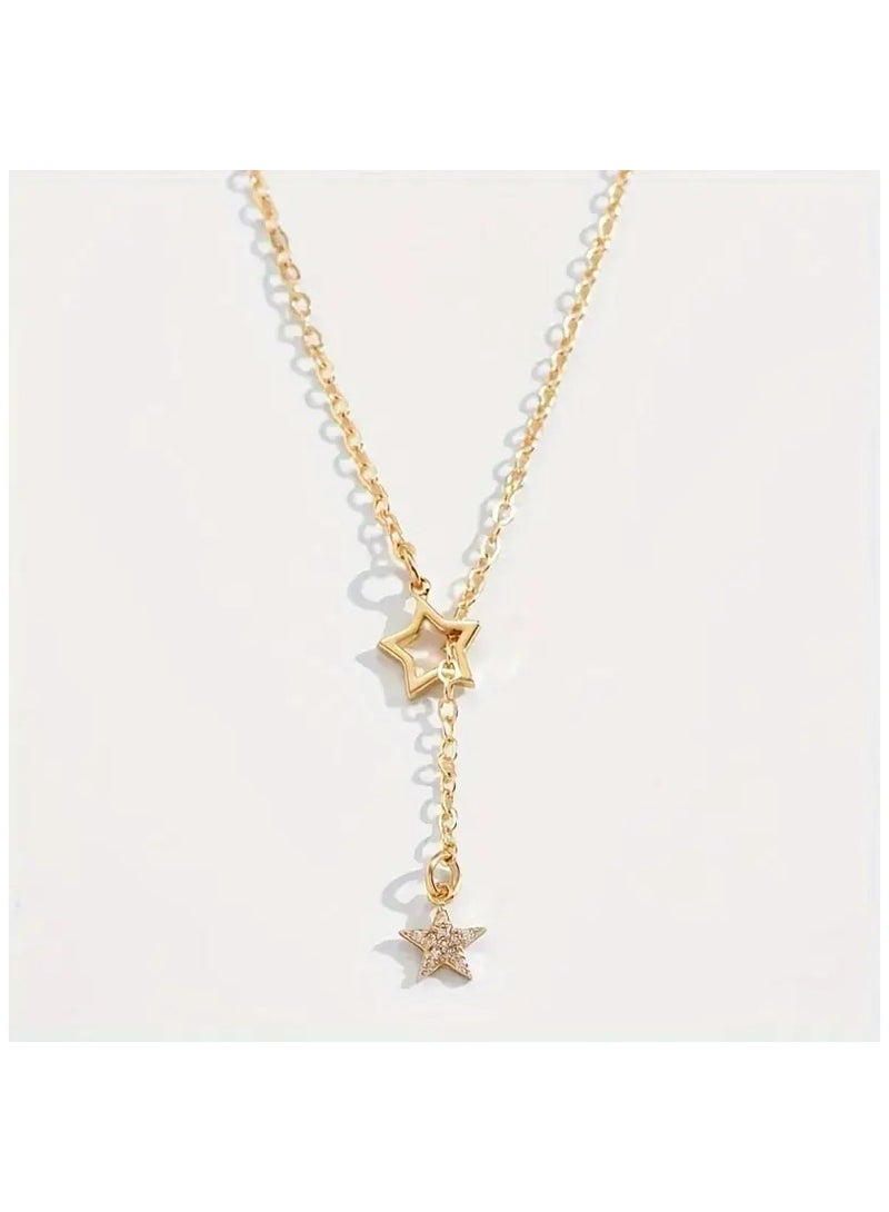 Exquisite Shiny Star Y-Shaped Clavicle Chain Necklace for Women 14K Gold-Plating CZs Star Long Pendant Necklace Jewelry  - Image 4