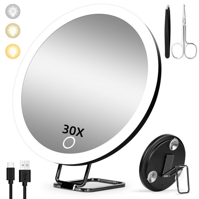30X MAGNIFYING MIRROR WITH LIGHT 15CM DIMMABLE 3COLOR LIGHT SUCTION CUPS TABLE STAND TRAVEL MAKEUP MIRROR WITH TWEEZERS SCISSORS
