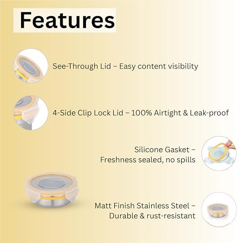 STEELLOCK Stainless Steel Airtight Container with Lid | Leakproof, BPA-Free | Multipurpose Food Storage Containers/Tiffin/Dabba for Office, School & Kitchen | SL-1200-set of 4, 150ml each, Yellow - Image 5