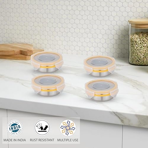 STEELLOCK Stainless Steel Airtight Container with Lid | Leakproof, BPA-Free | Multipurpose Food Storage Containers/Tiffin/Dabba for Office, School & Kitchen | SL-1200-set of 4, 150ml each, Yellow - Image 4