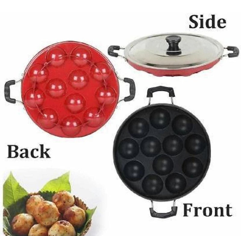 STEEPLE Appam Maker 12 Cavities Non Stick Appam Patra with Lid Red Paniyarrakal Paniyaram Appam PanMakerPan Cake Maker - Image 3