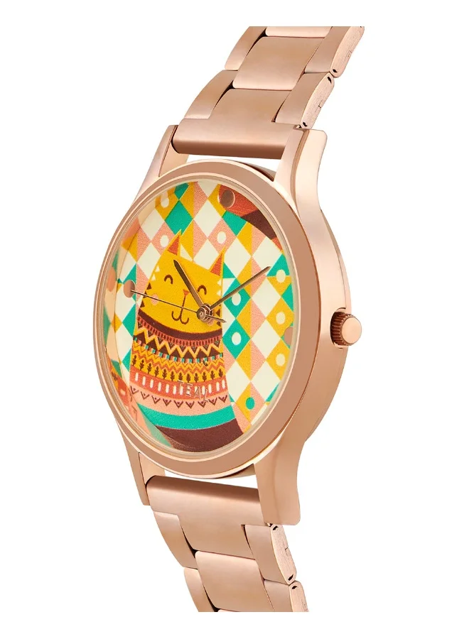 Chumbak TEAL BY CHUMBAK Women's Analog Rose Gold Metal Watch | Stainless Steel Link Strap (Carnival Cat)