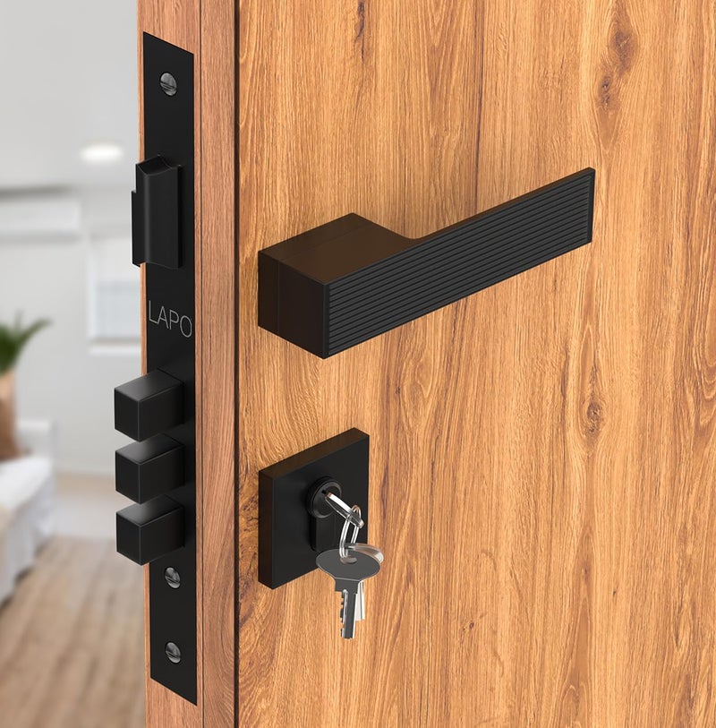 LAPO Heavy Duty Mortise Door Lock Set – Black Finish, 3 Brass Keys, Secure & Durable Handle for Main & Bedroom Doors | Ideal for Home, Office & Hotel | 3-Year Warranty - Image 1