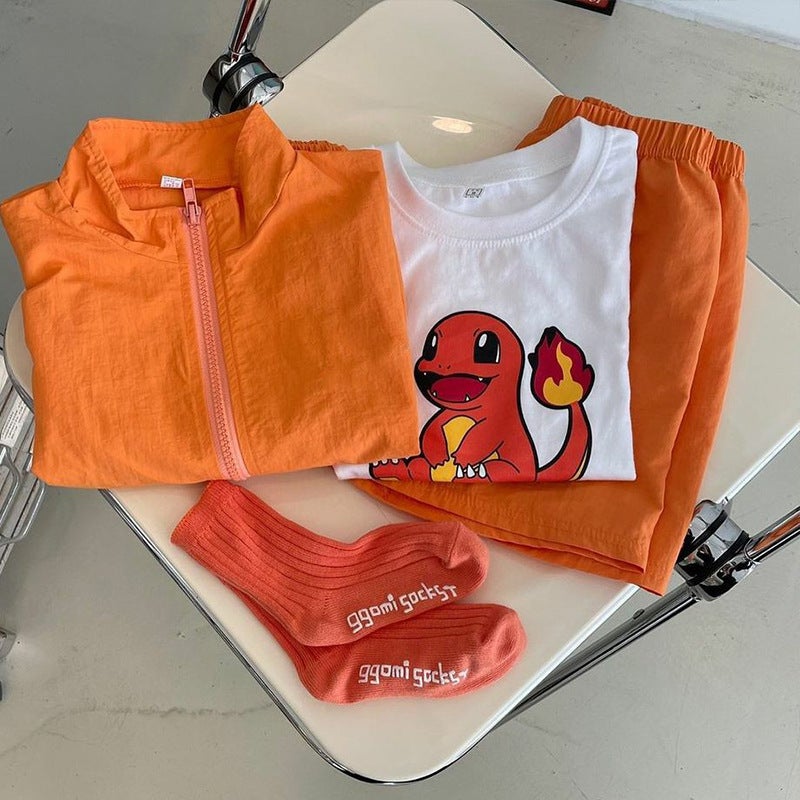 Childrens suit spring clothes boys zipper shirt girls Korean cartoon top shorts spring and summer childrens clothing wholesale orange red - Image 1