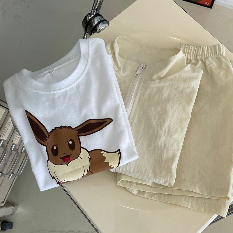 Childrens suit spring clothes boys zipper shirt girls Korean cartoon top shorts spring and summer childrens clothing wholesale orange red - Image 3