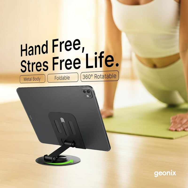 GEONIX Trek M3 360° Rotatable & Foldable Mobile Phone Stand – Metallic, Adjustable Height & Angle, Universal Holder for Smartphones & Tablets (Black) - Image 2