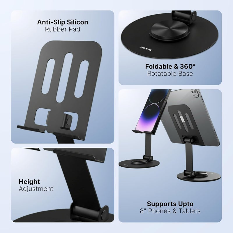 GEONIX Trek M3 360° Rotatable & Foldable Mobile Phone Stand – Metallic, Adjustable Height & Angle, Universal Holder for Smartphones & Tablets (Black) - Image 4