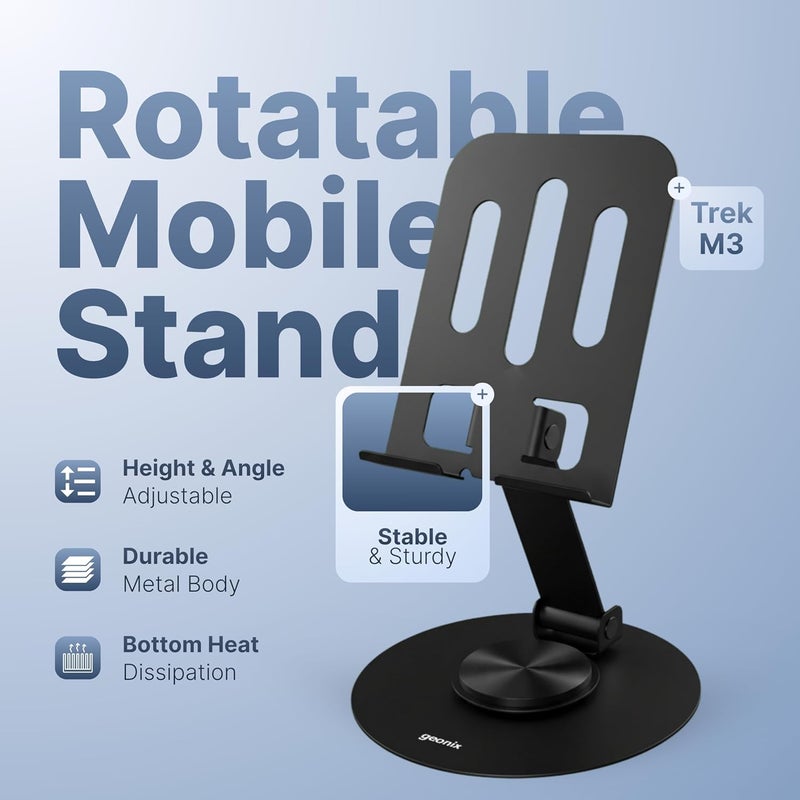GEONIX Trek M3 360° Rotatable & Foldable Mobile Phone Stand – Metallic, Adjustable Height & Angle, Universal Holder for Smartphones & Tablets (Black) - Image 5