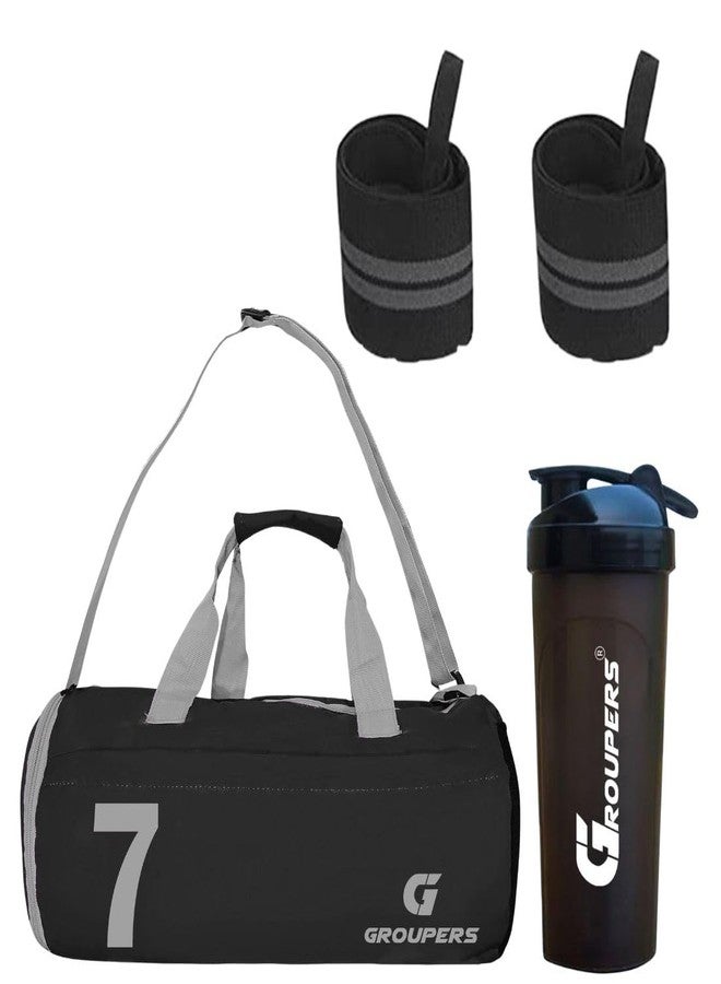 Groupers 20-25L Foldable Gym & Travel Duffle Bag with Shoe Pocket + 700ml BPA-Free Shaker Bottle + 21'' Weightlifting Wrist Wraps - Tough, Weatherproof Fitness Combo - Black - Image 1