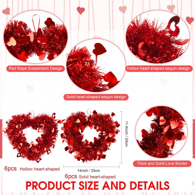 Suzile 12 Pcs Valentine Wreaths for Front Door Valentine's Day Red Heart Wreaths Decorations Tinsel Garlands with Foil Hearts Love Hanging Home Decoration - Image 2