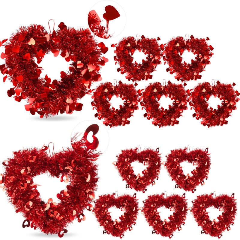 Suzile 12 Pcs Valentine Wreaths for Front Door Valentine's Day Red Heart Wreaths Decorations Tinsel Garlands with Foil Hearts Love Hanging Home Decoration - Image 1