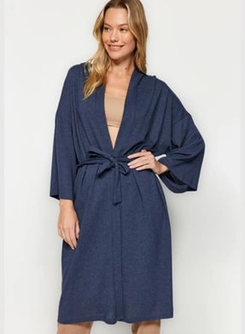 trendyol Navy Blue with Hood Detailed Pique Wide Fit Knitted Dressing Gown THMAW24SB00018.