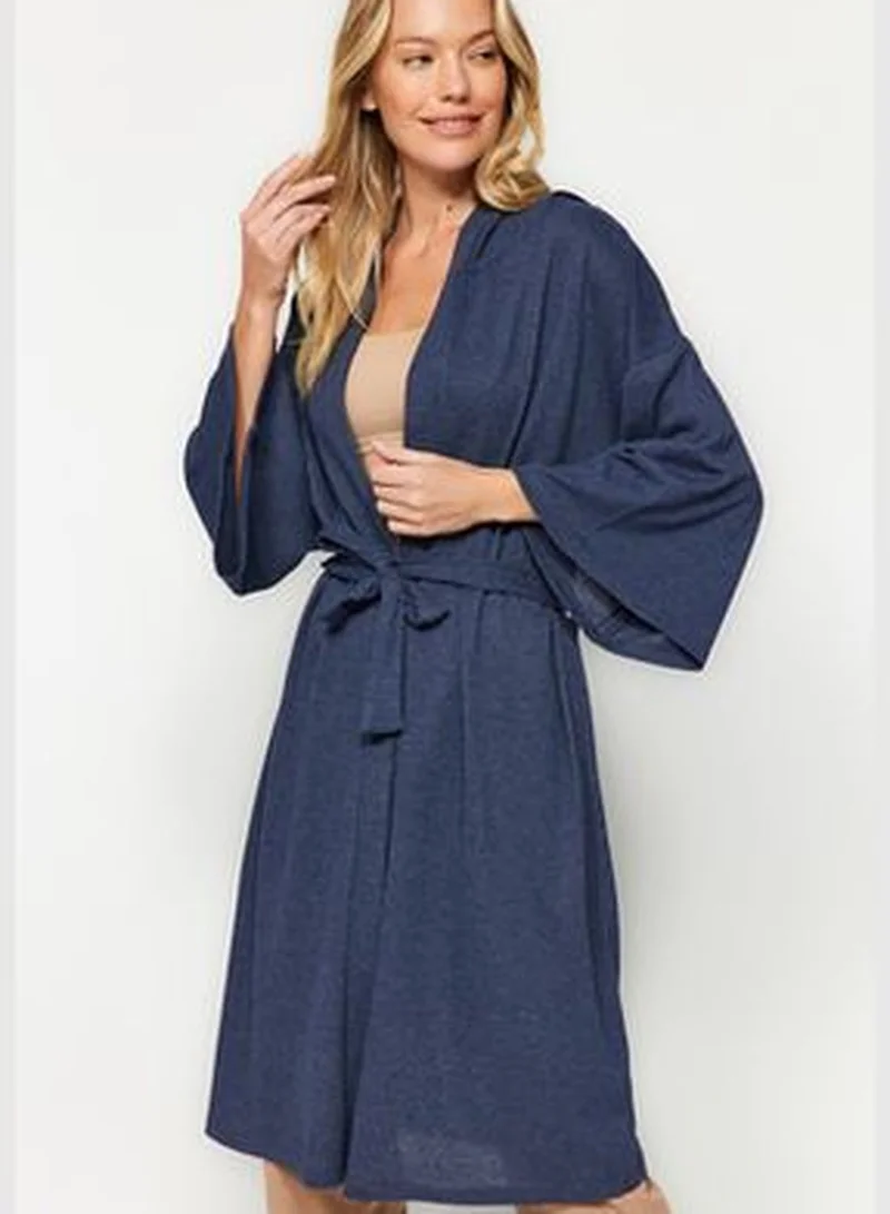 trendyol Navy Blue with Hood Detailed Pique Wide Fit Knitted Dressing Gown THMAW24SB00018.
