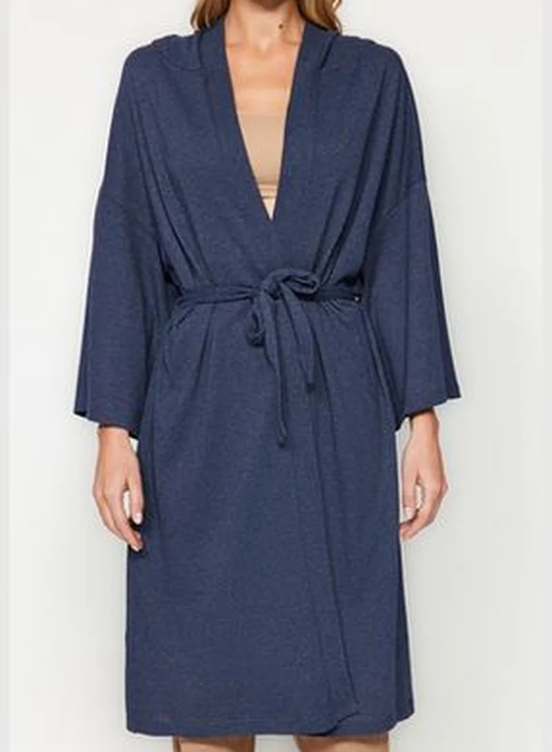 trendyol Navy Blue with Hood Detailed Pique Wide Fit Knitted Dressing Gown THMAW24SB00018.
