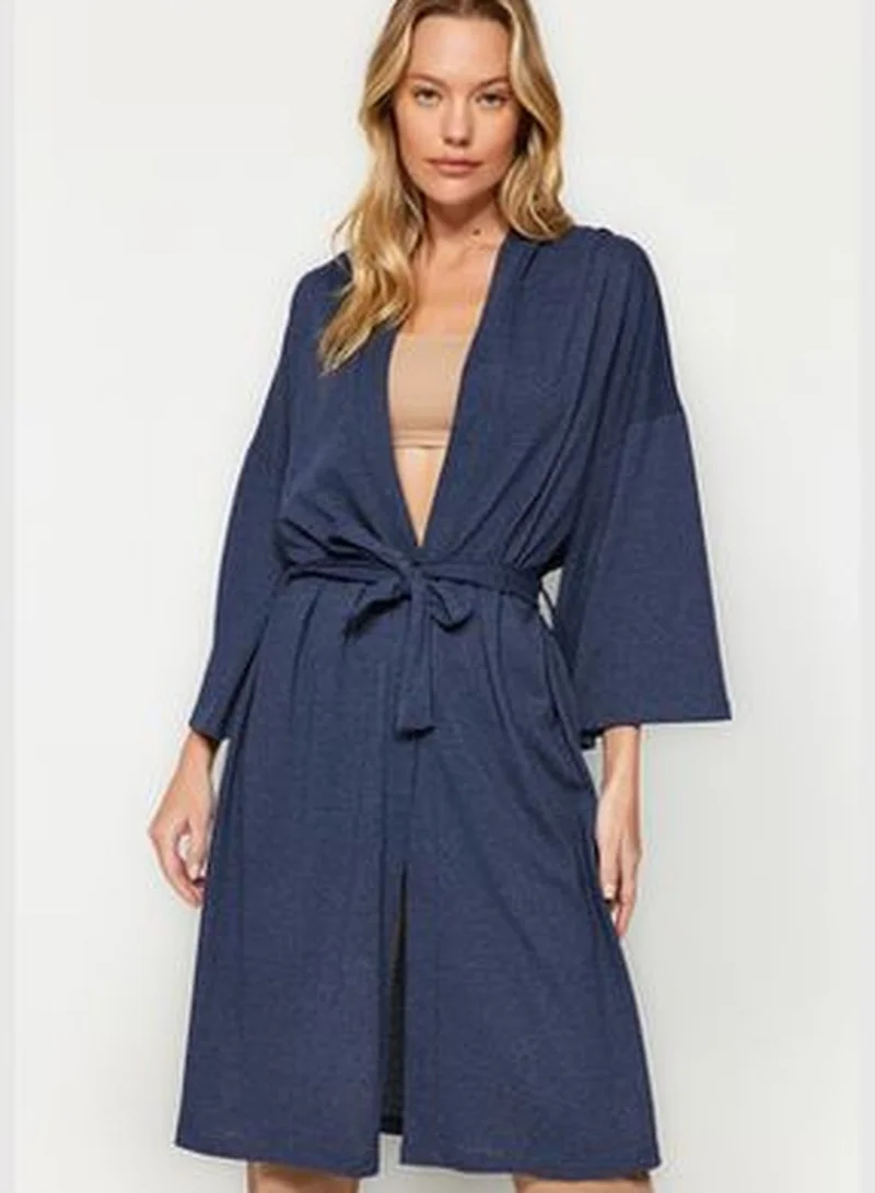 trendyol Navy Blue with Hood Detailed Pique Wide Fit Knitted Dressing Gown THMAW24SB00018.