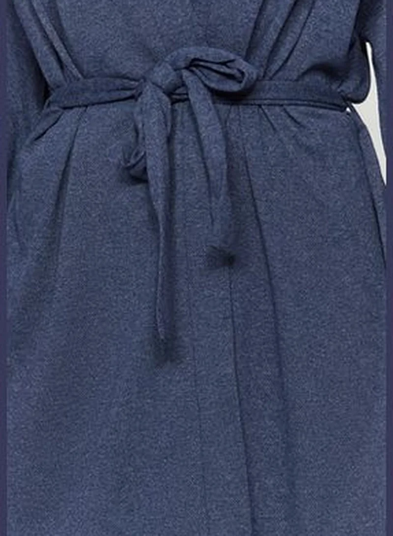 trendyol Navy Blue with Hood Detailed Pique Wide Fit Knitted Dressing Gown THMAW24SB00018.
