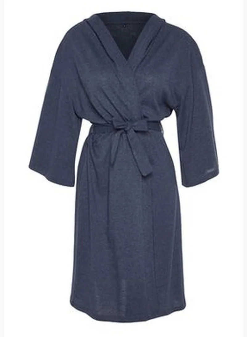 trendyol Navy Blue with Hood Detailed Pique Wide Fit Knitted Dressing Gown THMAW24SB00018.
