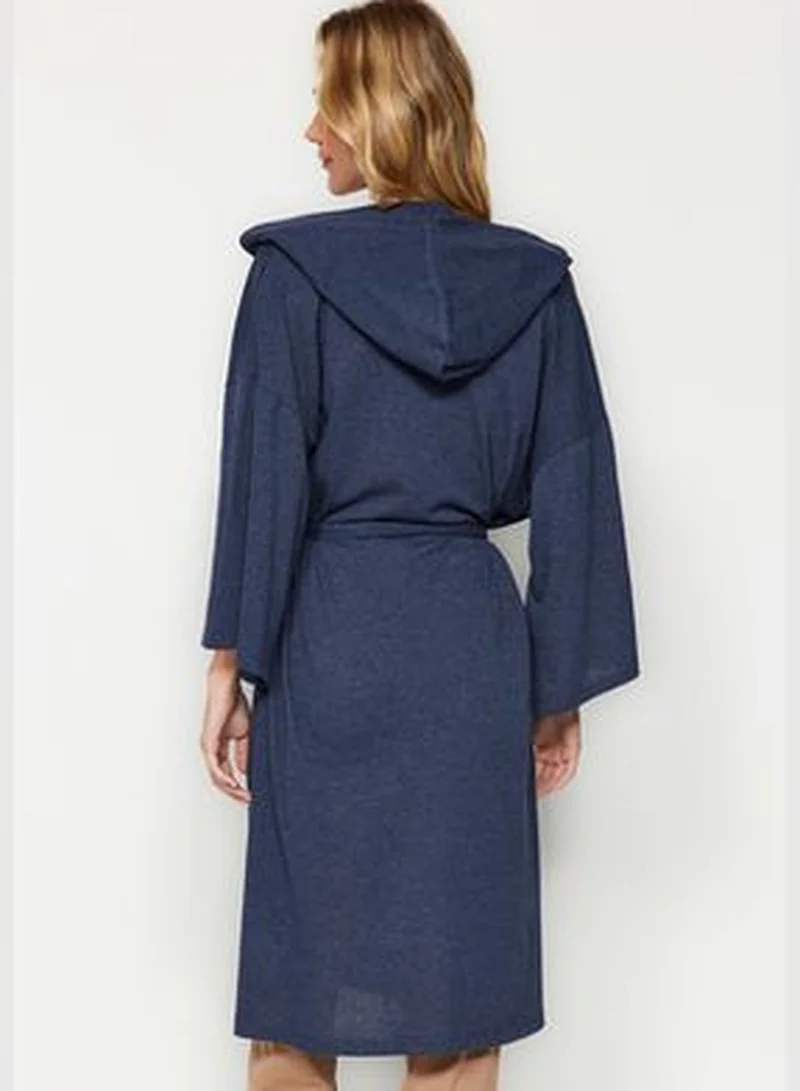 trendyol Navy Blue with Hood Detailed Pique Wide Fit Knitted Dressing Gown THMAW24SB00018.