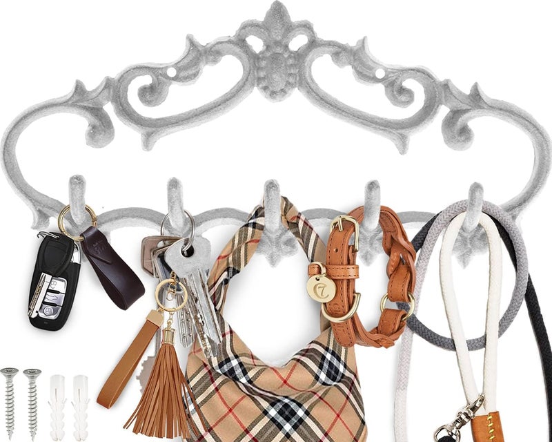 Comfify Cast Iron Wall Mounted Hanger Vintage Design with 5 Hooks Keys Towels Robes Clothes and More Wall Mounted Metal Heavy Duty Rustic Vintage 126x59 Rustic White