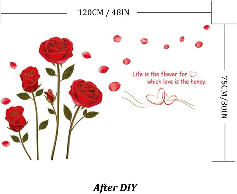 LZYMSZ Flowers Rose Wall Stickers Removable Romantic Wall Stickers Murals Beautiful Red Rose Wall Decals for Living Room Bedroom TV Background Kids Girls Rooms Decoration 48 x 30inch - Image 2
