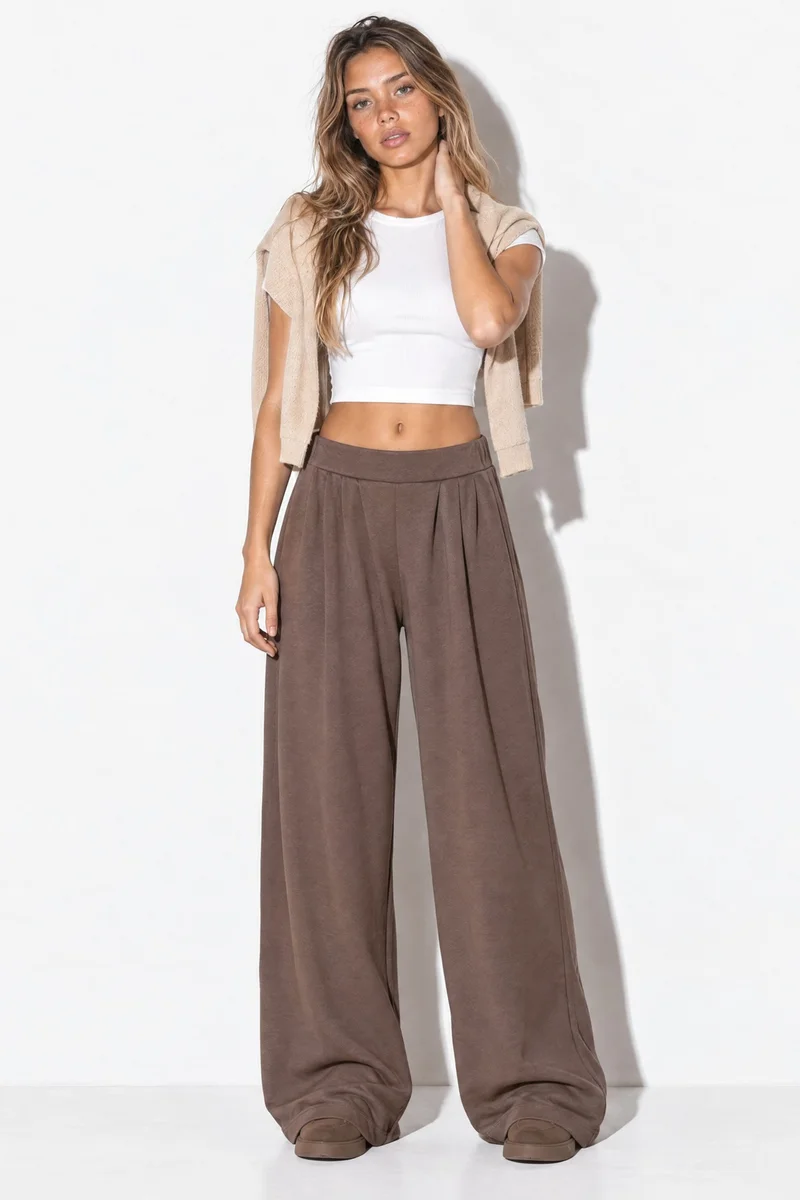 Hiccup Modal Touch Wide Leg Pants with Pleat Detail