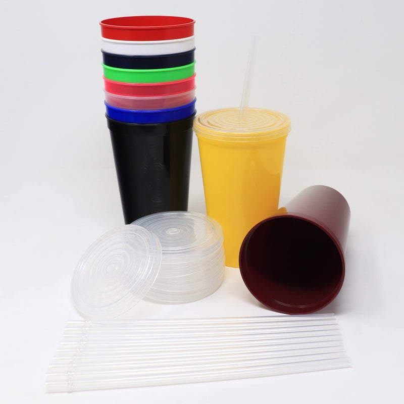 Rolling Sands 22 oz Reusable Plastic Cups with Lids  10 Pack  USA Made Assorted Tumblers; Includes 10 Reusable Straws; Dishwasher Safe - Image 2