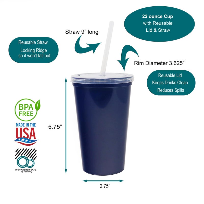Rolling Sands 22 oz Reusable Plastic Cups with Lids  10 Pack  USA Made Assorted Tumblers; Includes 10 Reusable Straws; Dishwasher Safe - Image 1