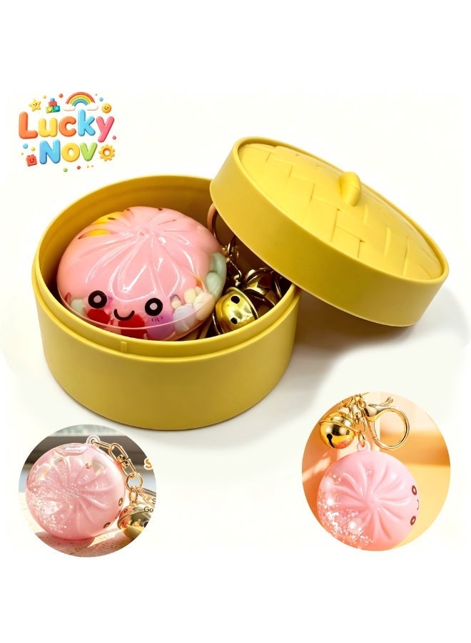 LuckyNov Cute Dumpling Keychain Toy, Hard Shell 3D Bun Shaped Fidget Keyrings with Bell, Style Bag Charms, Perfect Holiday & Birthday Gifts (pink) - Image 1