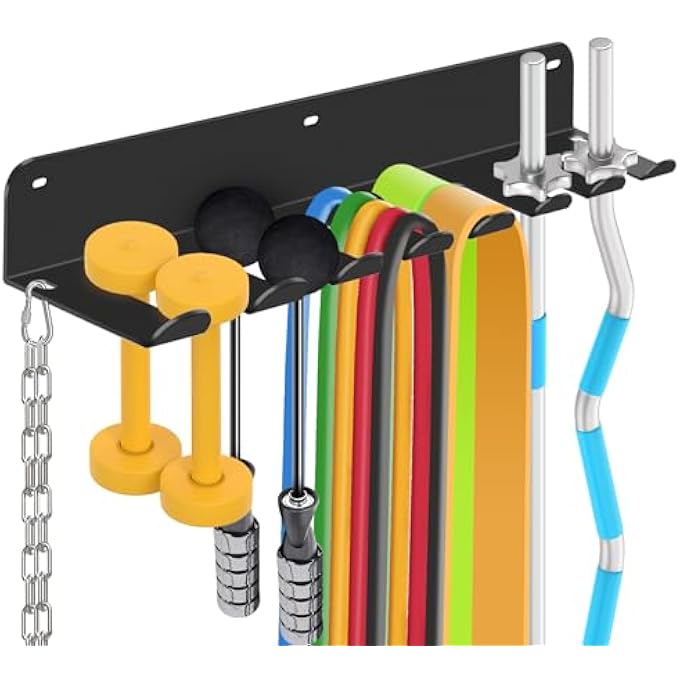 rayihni Gym Equipment Storage Rack - Multi-Purpose Home Gym Organization Storage Wall Mount For Resistance Bands, Jump Ropes, Lifting Belt, Chains, Barbells (16" / 8 Prongs) - Image 1