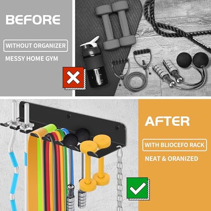 rayihni Gym Equipment Storage Rack - Multi-Purpose Home Gym Organization Storage Wall Mount For Resistance Bands, Jump Ropes, Lifting Belt, Chains, Barbells (16" / 8 Prongs) - Image 5